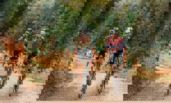 Two Cyclists Riding Gravel Bikes Through Forest Trails at PGA Catalunya Resort in Girona