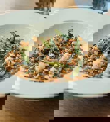 Seafood Risotto With Prawns and Asparagus Served in Bistro Restaurant