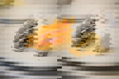 Layered Peach Mille Feuille Dessert With Vanilla Ice Cream In Elegant Fine Dining Restaurant