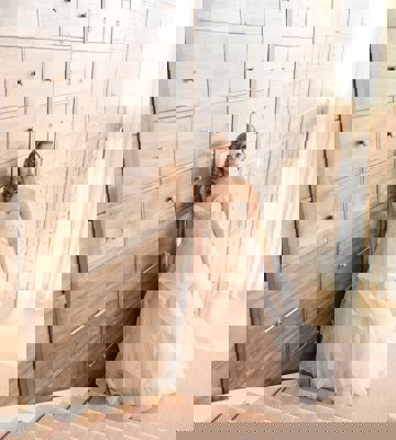 Bride Walking the Stepts at the Camiral Wedding Venues Girona